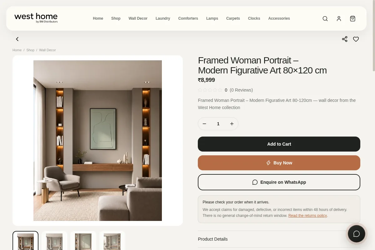 Westhome product page with price and order options